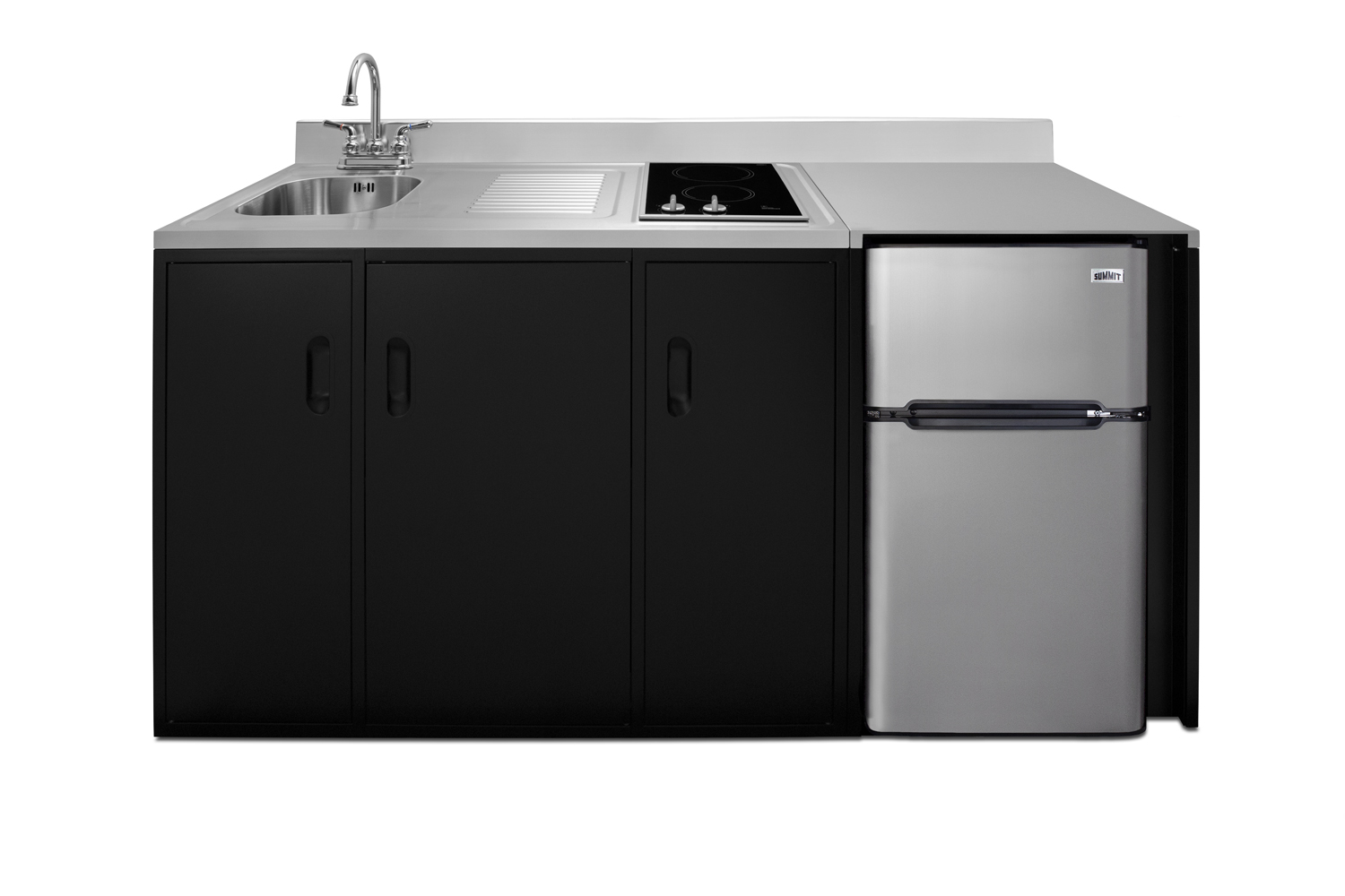 72 inch wide, ADA counter height all-in-one kitchenette in black with a 2-burner 115V smooth top cooktop, 2-door refrigerator-freezer, sink, and three storage cabinets